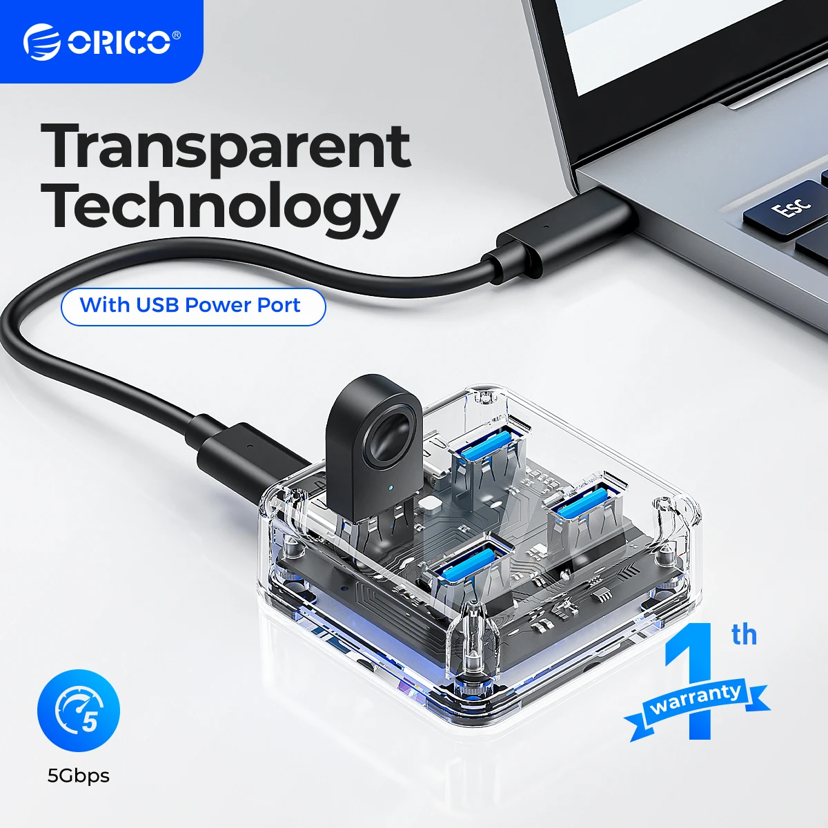 ORICO 4 Ports USB 3.0 USB HUB Transparent Series Desktop HUB High Speed USB Splitter Support OTG With Micro USB Power Interface