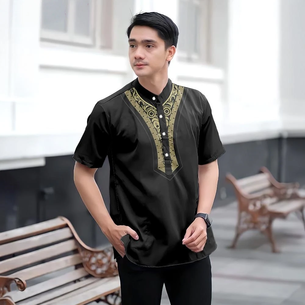 Ethnic Pattern Printed Batik Shirt, Men's Muslim Raya Shirt, Short Sleeve Casual Batik Shirt Cocoa Shirt Perfect for Party Shirt