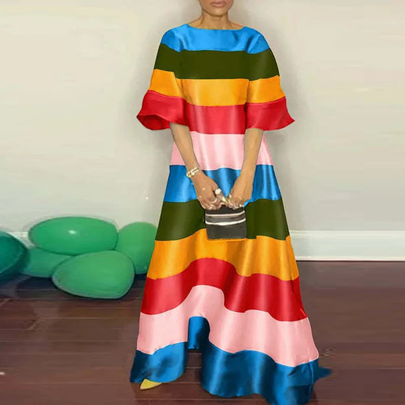 Luxury Rainbow Striped Women Evening Dress 2024 Sexy Elegant Loose Short Sleeve Maxi Dress Women Backless O-neck Bohe Dresses