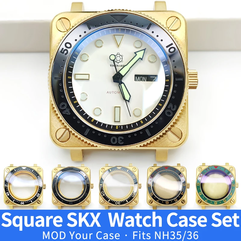 Square SKX Gold Watch Case MOD NH35 NH36 4R36 Custom Stainless Steel Crown Sapphire Glass Shiny/Brushed Watches Cases Parts ﻿