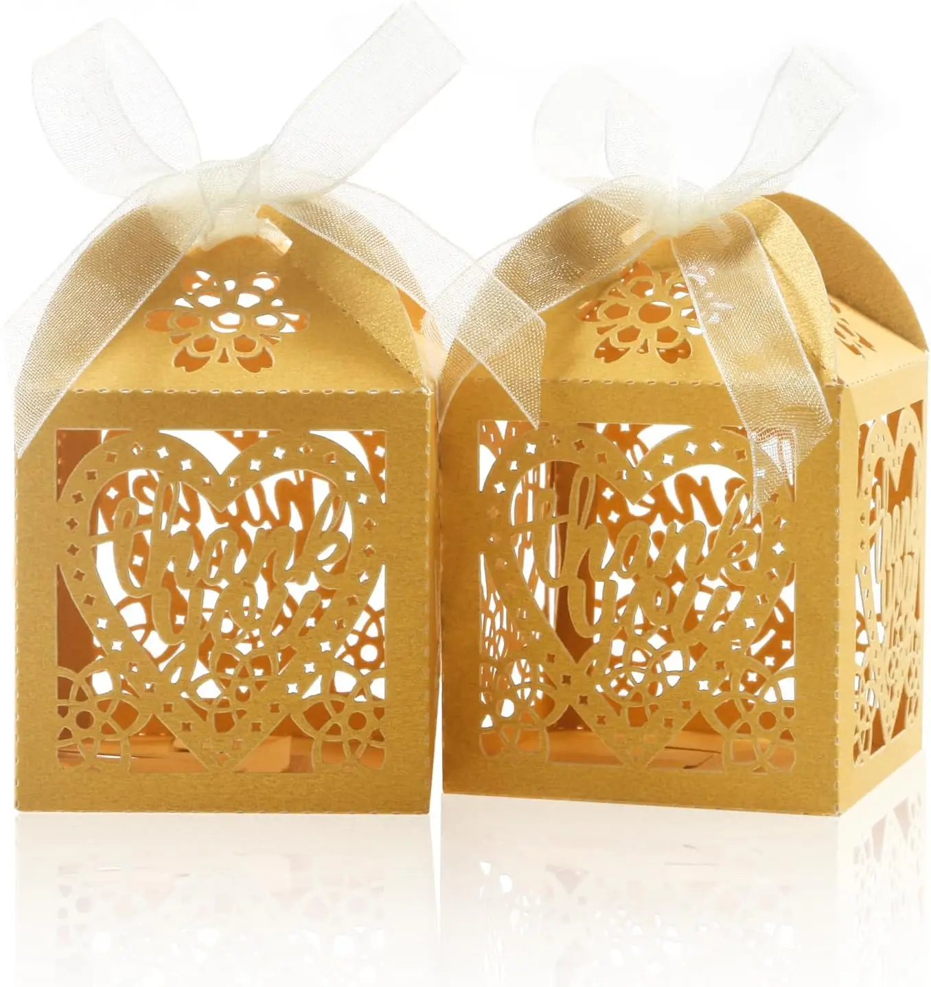 100pcs Gold Thank You Gift Boxes with Ribbons, 2x2x2.75 inch Lace Candy Boxes for Wedding Party Favors