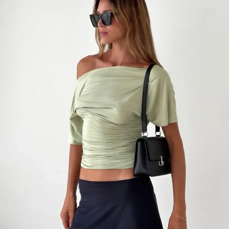 Customization Summer One Shoulder Tops Fashion Slim Shrink Short Sleeve T-Shirts Sexy Party Y2k Streetwear Solid Pullover Tops W