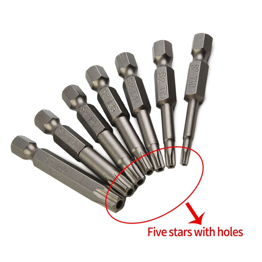 7Pcs 50mm 1/4in Hex Shank Screwdriver Bit Five-point Magnetic Torx Screwdriver Bits T10/15/20/25/27/30/40 Nutdrivers Tool