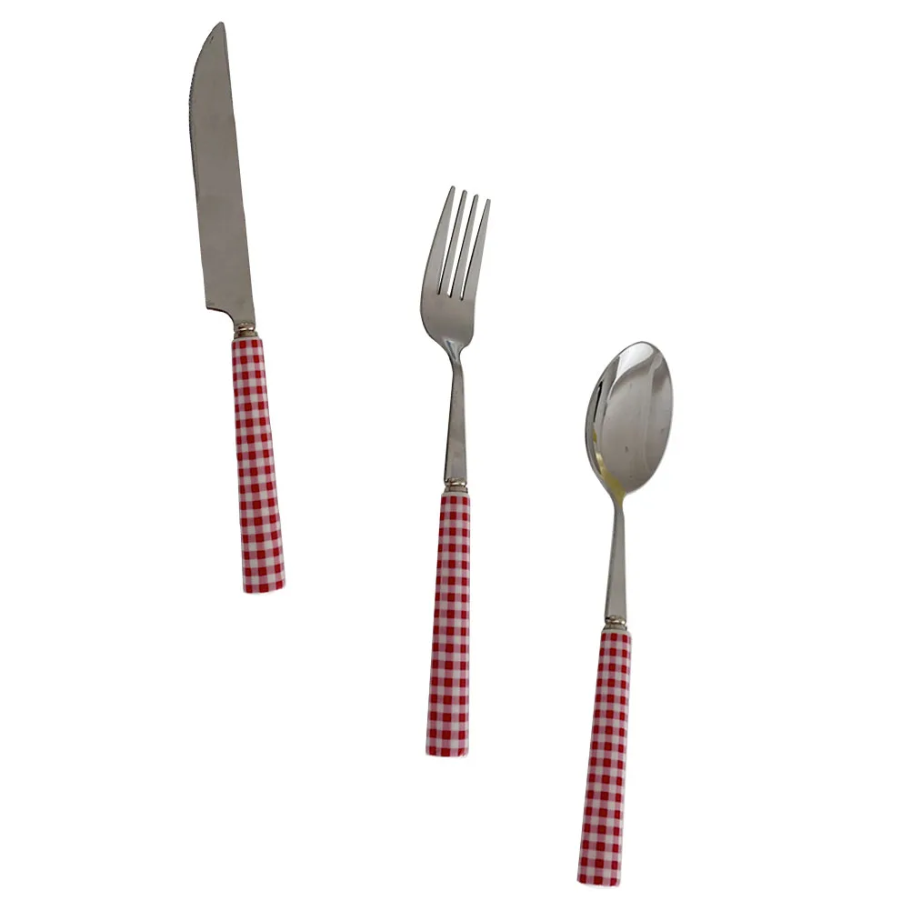 

1 set Red Plaid Ceramic Stainless Steel Tableware Set Ergonomic Handle Kitchen Gadgets Decorative Cooking Spoon