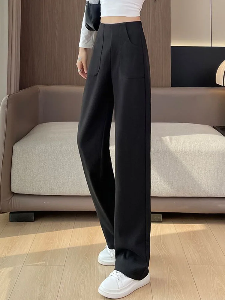 Korean Design Thicken Loose Straight Pants Winter Warm High Waist Velvet Lined Wide Leg Pantalones Casual Snow Wear Sweatpants