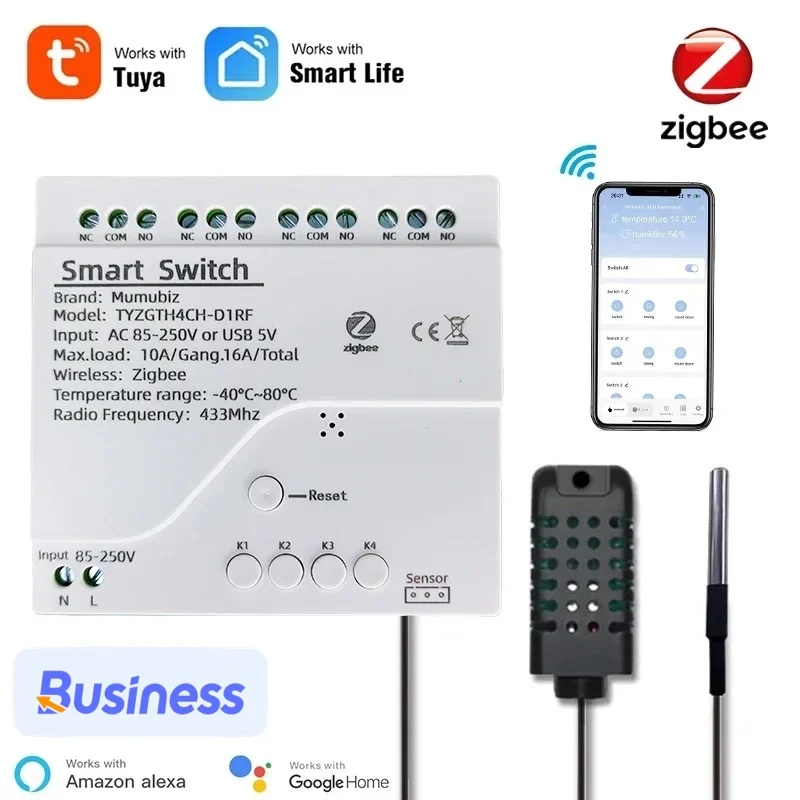 Tuya Zigbee 4 Gang Smart Switch with Temperature or Humidity Sensor Passive Dry Contact 32V 250V Switch Relay Alexa Compatible