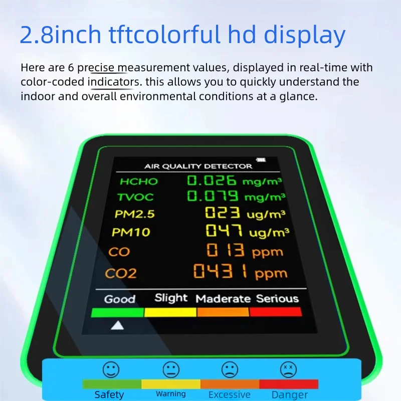 

6in1 Air Quality Monitor PM2.5 PM10 HCHO TVOC CO CO2 Detector Indoor Air Quality Tester with Type C Charging