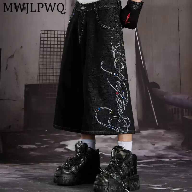MWJLPWQ Street Embroidery Cropped Cut Denim Shorts Unisex Rhinestone Decor Colorful Wide Loose Gothic Casual Trousers 17133