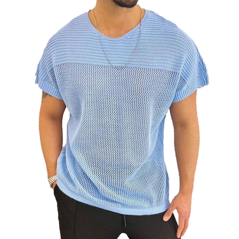 

Comfort Men Top T-shirts O Neck Hollow Out Knitted Knitting Short Sleeve Solid Sports Stylish Summer Breathable