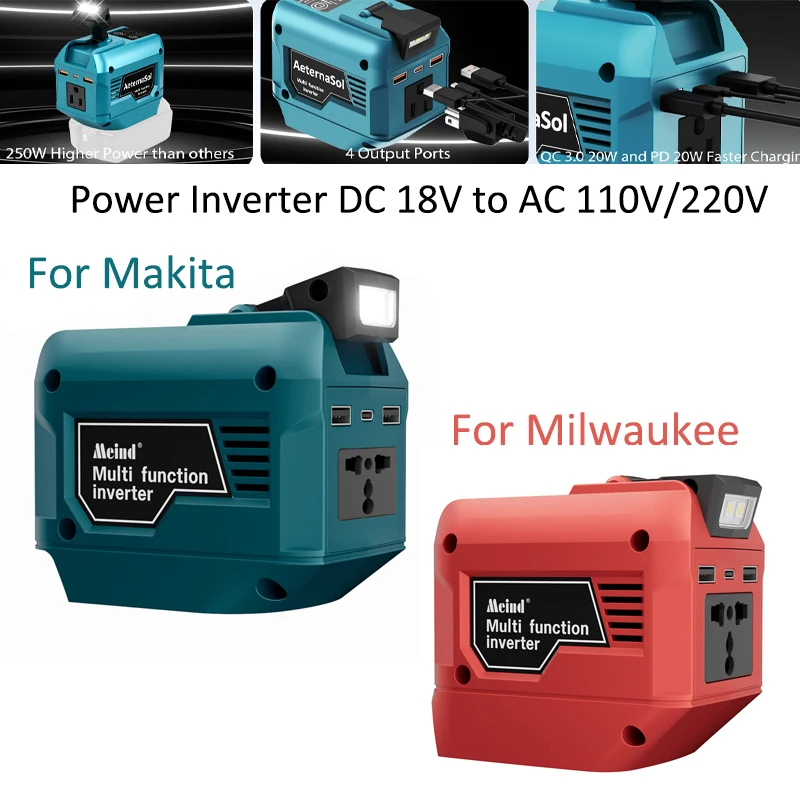 For Makita/Dewalt/Milwaukee 18V/20V Battery Outdoor Portable Inverter 200W AC 110-220V with USB Adapter Power outage emergency