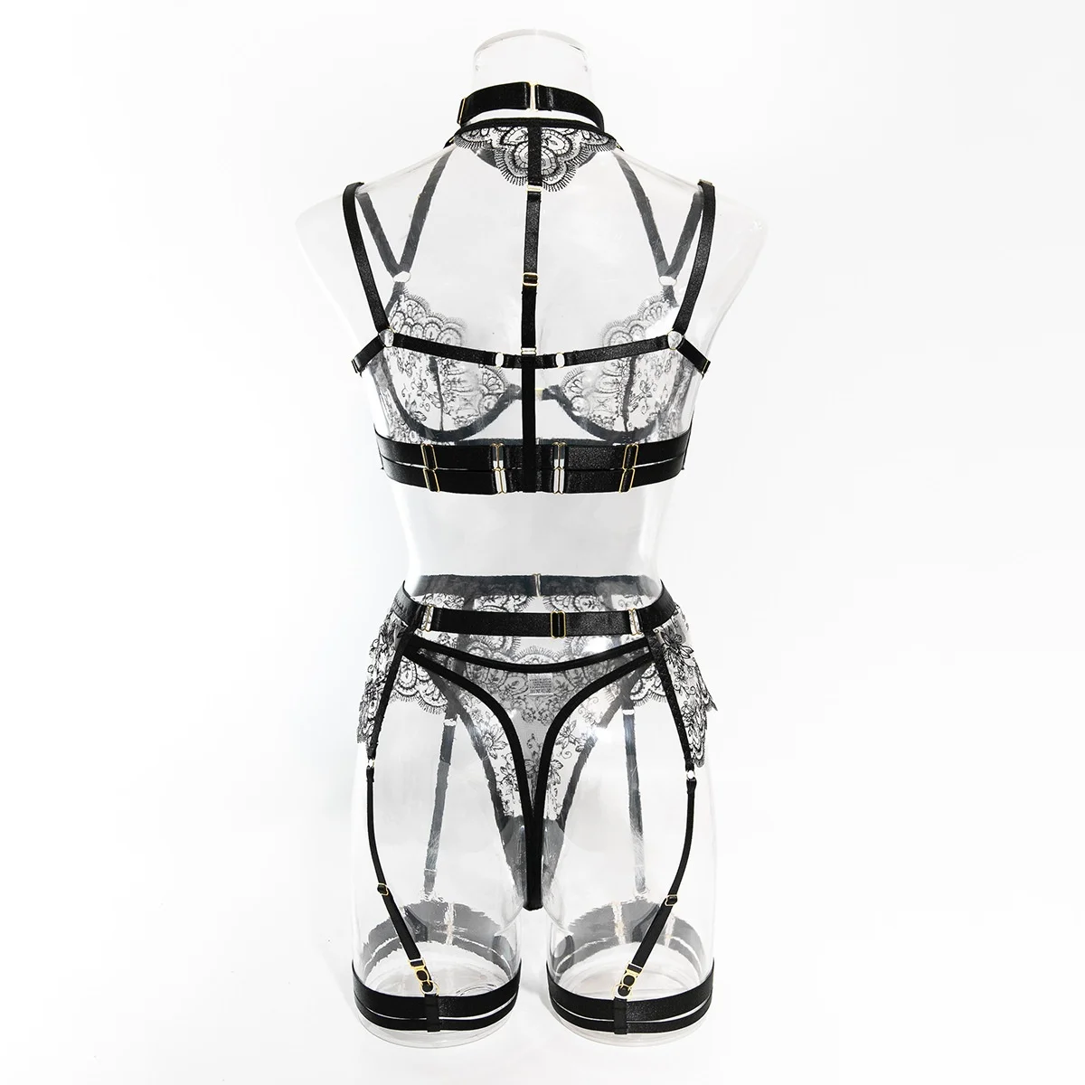 Krasapt Black Lace Embroidered Metal Buckle Sexy Lingerie Set Front Open See-through Lingerie 5Pcs Set Fancy Exotic Intimate Set