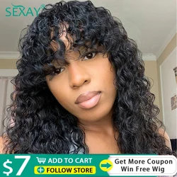 PU Fake Scalp Human Hair Wigs With Bangs 24 Sexay Brazilian Deep Wave Curly Bangs Human Hair Fringe Wig 180 Density For Women