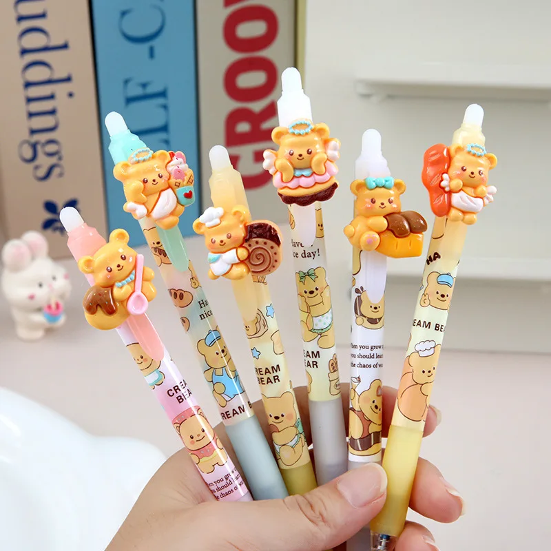 6 pieces Cute Resin Butterbear 0.5mm Blue Ink Erasable Gel Pen School Writing Tools Office Accessories Washable Handle Magic Pen