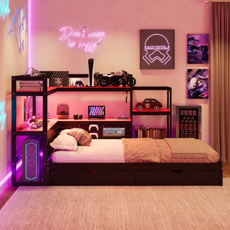 

Black Red Twin Gaming Daybed with Desk, LED Light, 3 Drawer Storage, Charging Station, Multi-Functional Headboard Bookcase