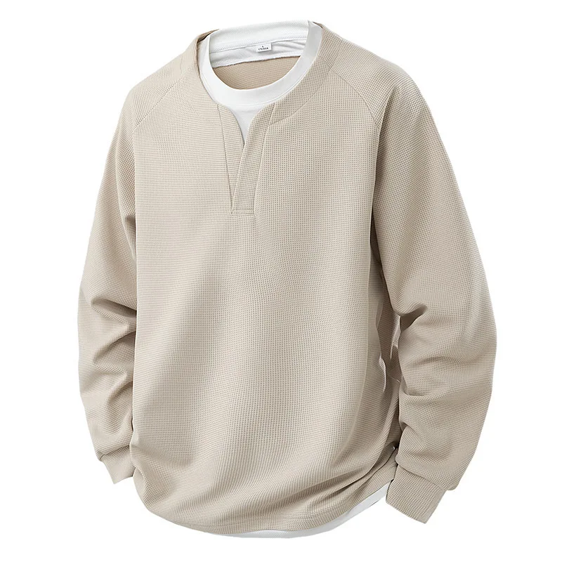 Men Color-coded O-neck Long Sleeve Waffle Simple Daily Casual Trendy Loose Fit Sweatshirts Male Autumn Winter Fashion Clothes