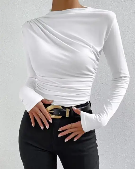 2025 موضة جديدة عادية بلون سليم صالح قاعدة قميص مع تصميم مطوي بأكمام طويلة تي شيرت المرأة البلوز الأعلى