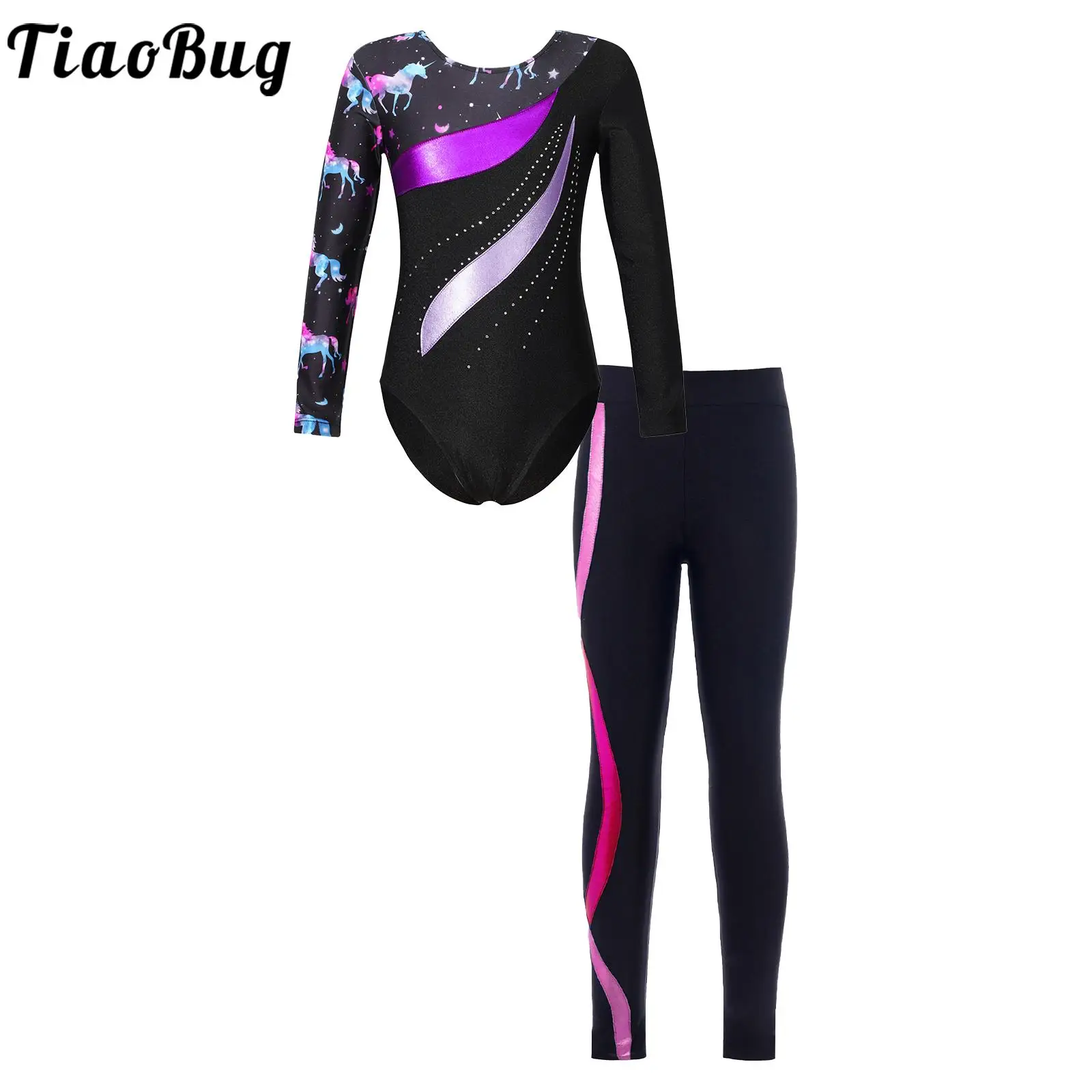 Kids Girls Ballet Dance Gymnastics Costume Skating Acrobatics Yoga Performance Dancewear Shiny Rhinestones Leotard with Pants