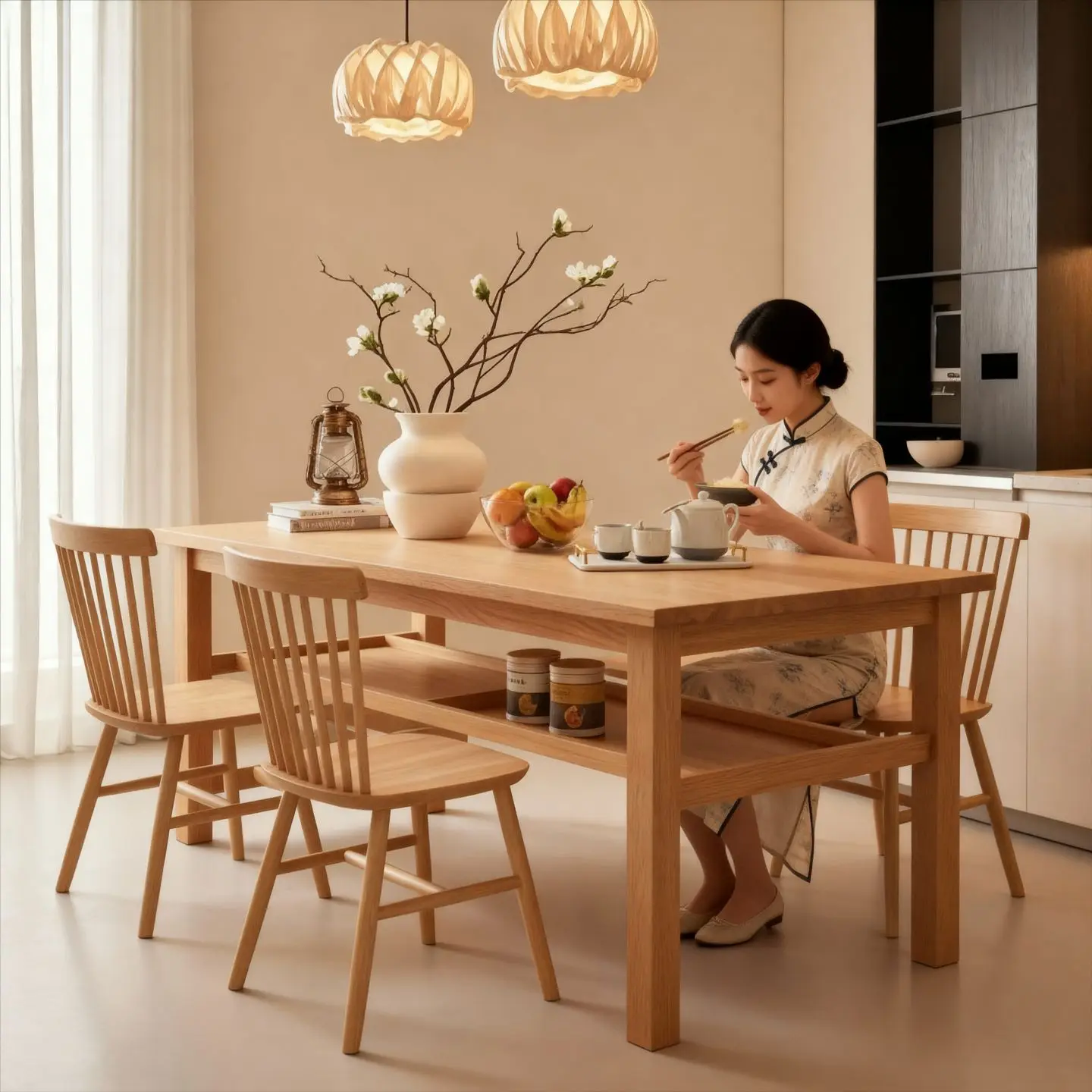 Solid wood dining table rectangular household table and chair combination living room double log wind all solid wood dining