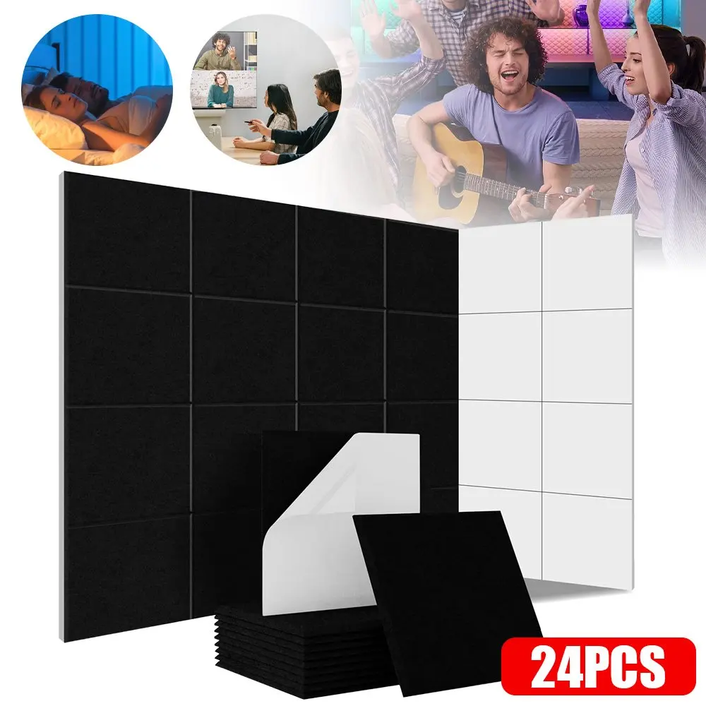 24 Stück Akustikplatten, selbstklebende, quadratische, schalldichte Polyesterplatten, NRC 0,95, hohe Dichte, 230 kg/m³, geräuschabsorbierende Wanddekoration für Studio, Büro, Zuhause, Aufnahmeraum