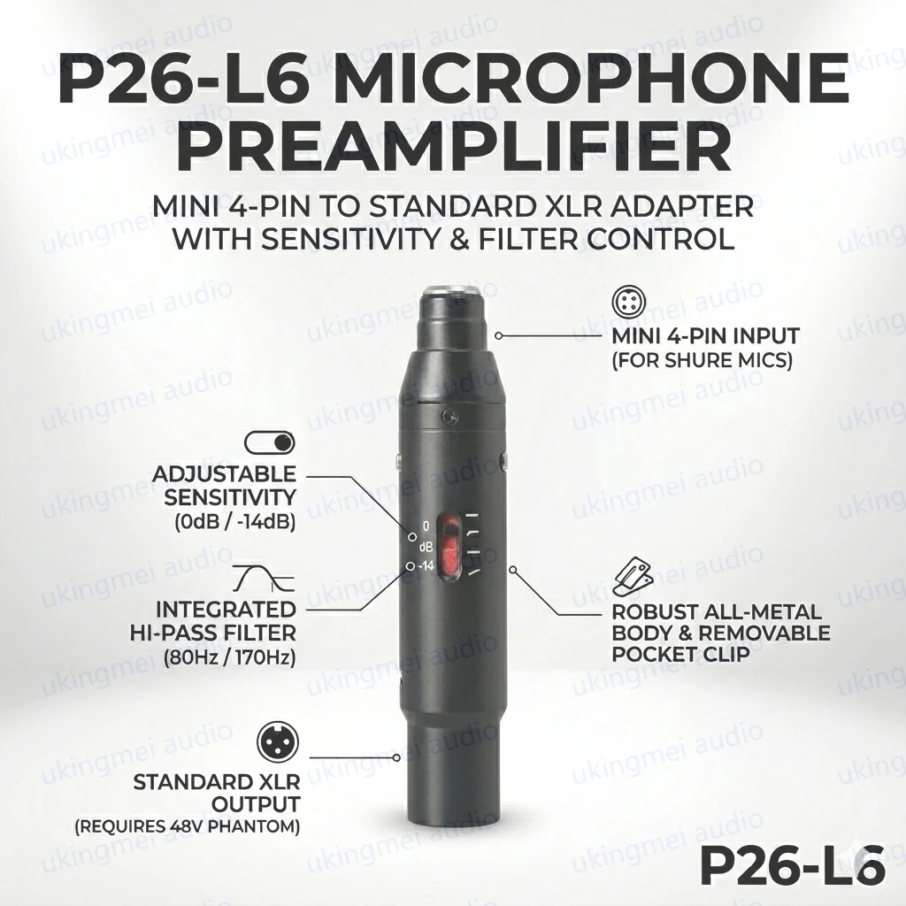 

P26-L6 In-line Preamplifier for Shure WBH53 Beta 53 Beta 91 Beta 98 WB54 Microphone Adjustable Sensitivity and High-Pass Filter