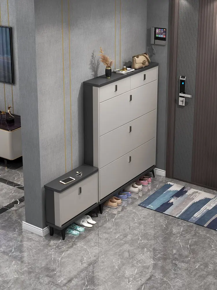 Italian ultra-thin tipping bucket shoe cabinet, household door storage cabinet integrated against the wall shoe rack
