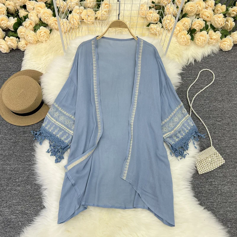 

Sunscreen Shirt Women Beach Jacket Vintage Blue Loose Coat Fashion Casual Bohemian Tassel Cardigan Tees Elegant Summer Shawl Top