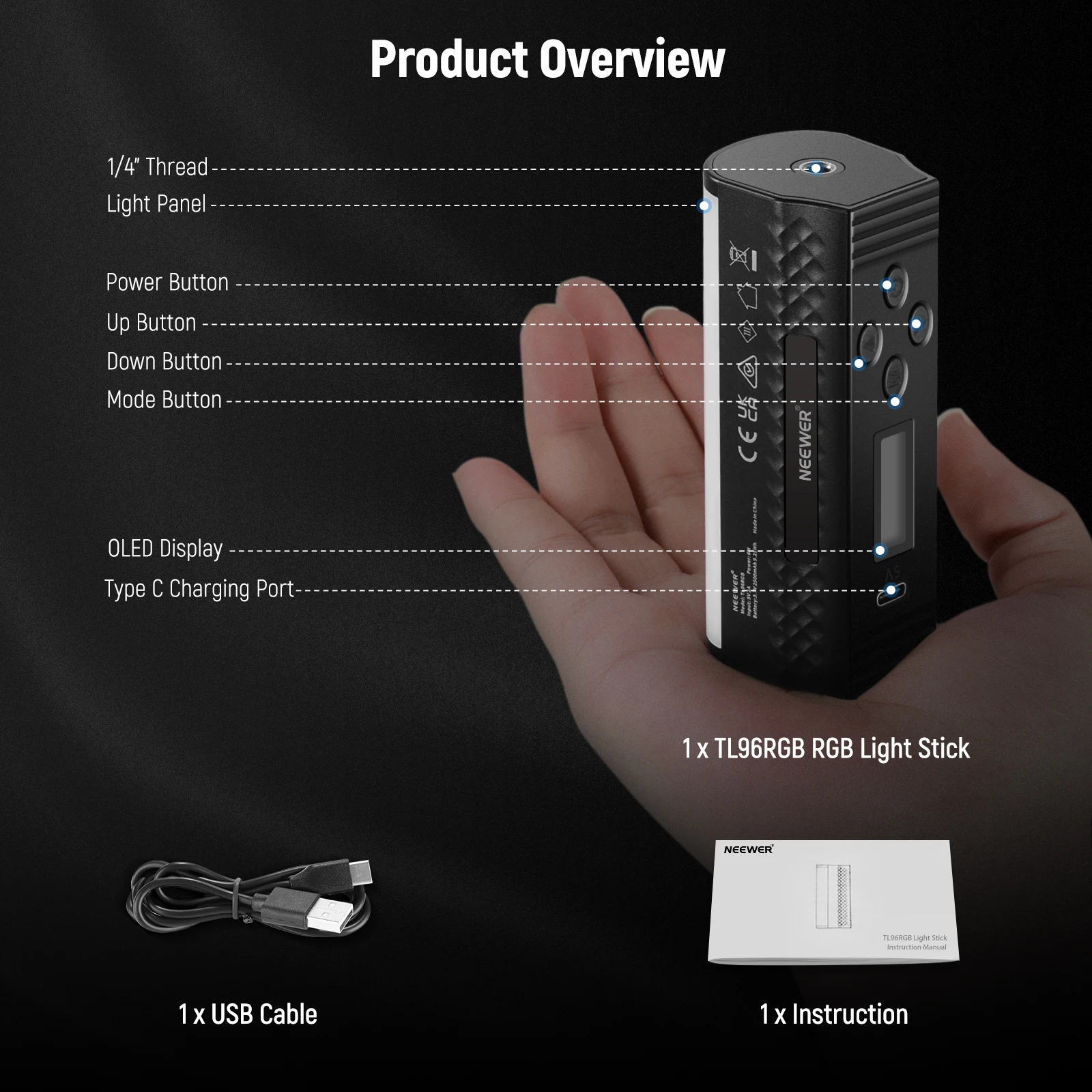 NEEWER Magnetischer Handlichtstab, 360° ° Full RGB Mini LED Video Light Stick mit 2500 mAh wiederaufladbarem Akku, 2500–8500 K – Detail 8