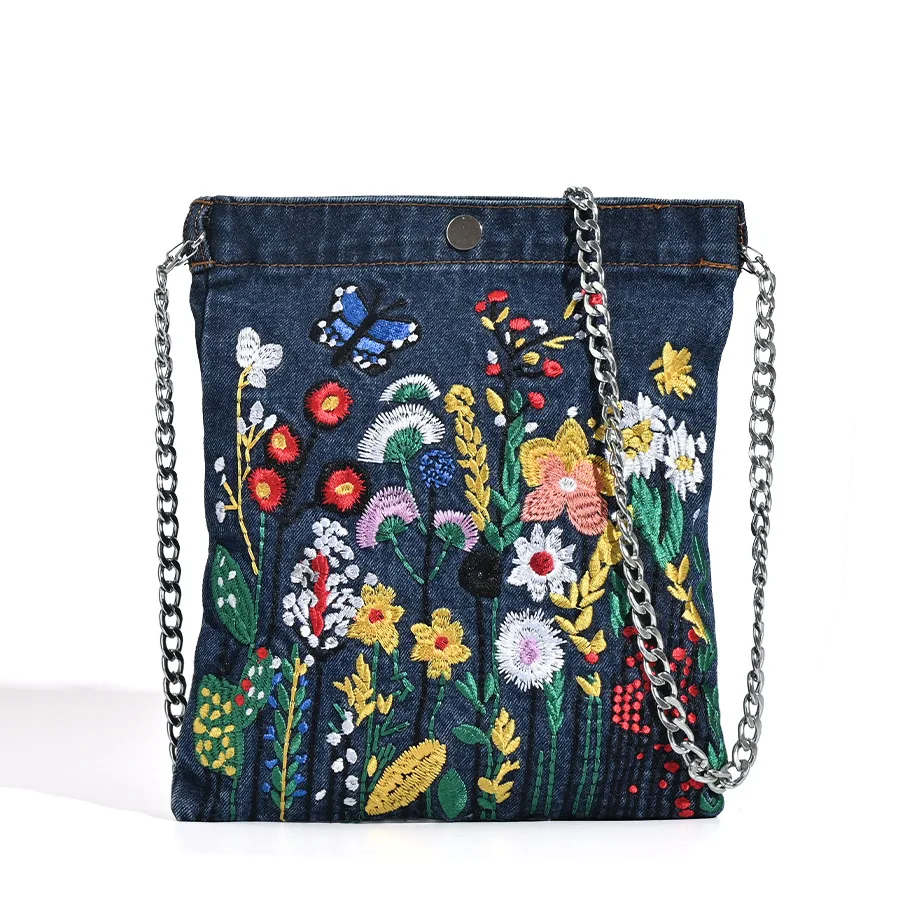 

Trendy Embroidered Denim Bucket Bag, Personalized Commuter Flower Tote Bag, Niche Chain Single Shoulder Messenger Bag
