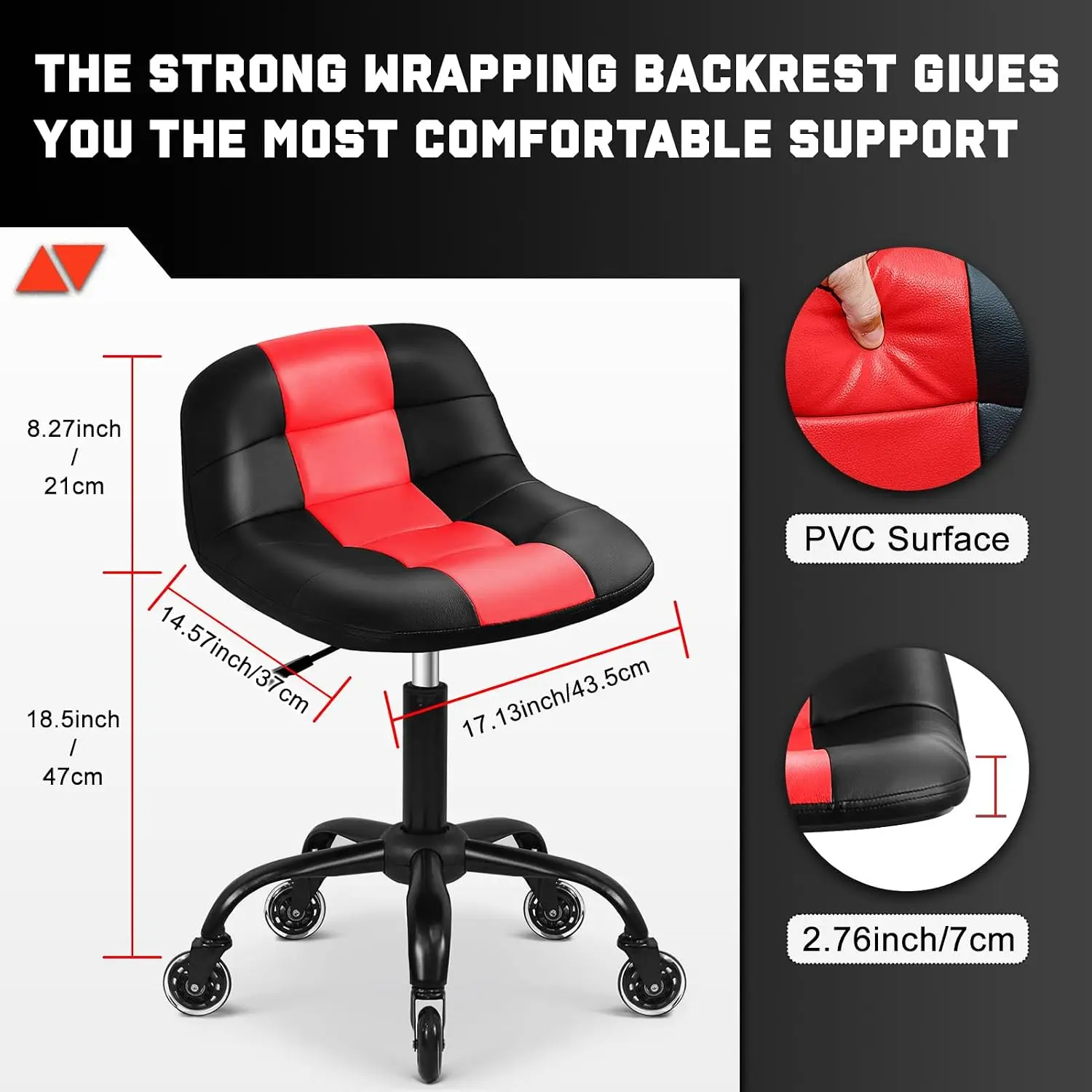 Rolling Shop Stool with Wheels, Rolling Short Stool with Back Support, 360° Swivel Garage Chair, Height Adjustable Chair 330lb