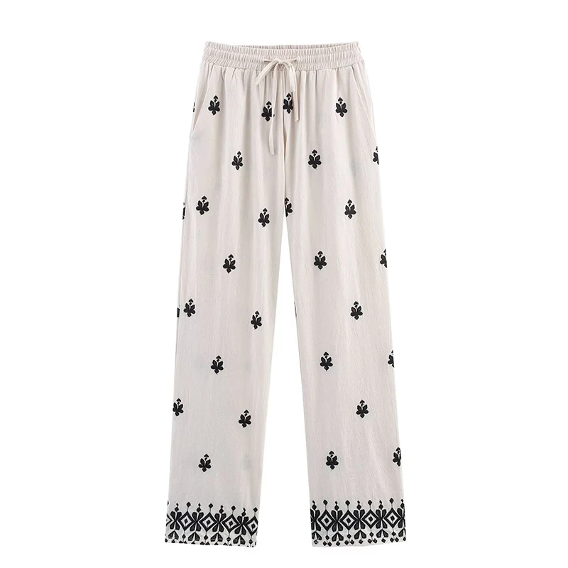 

YENKYE New 2025 Women Embroidery Wide Leg Pants Vintage Drawstring Elastic Waist Casual Female Trousers pantalones de mujer