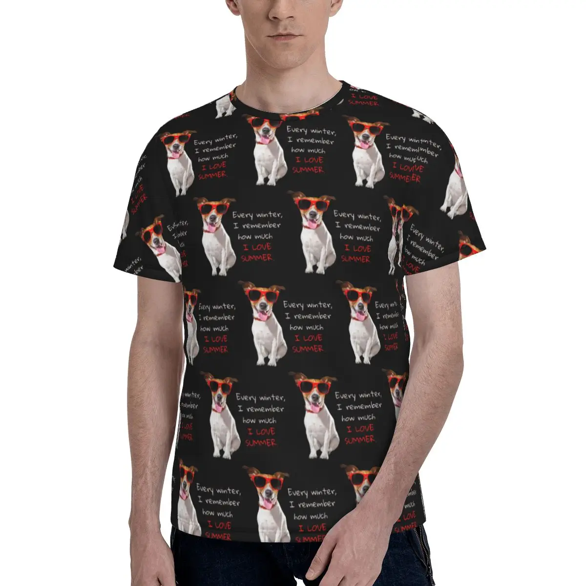 Camiseta con estampado de perro Jack Russell Terrier con gafas de sol rojas para hombre, camisetas de algodón, camisetas de cuello redondo corto, ropa de verano, Tops