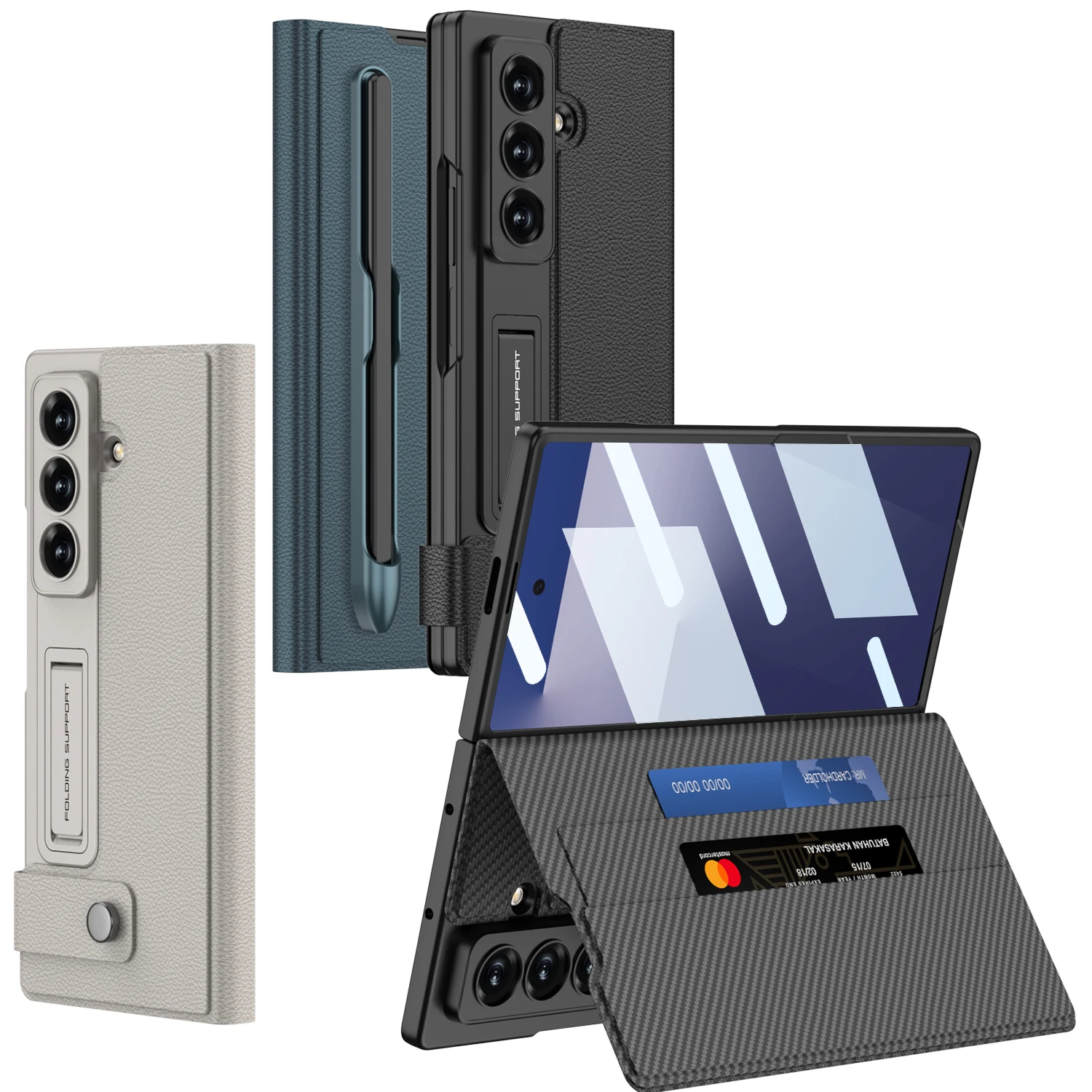 حافظة لهاتف سامسونج جالاكسي Z فولد 7 فاخرة من جلد البولي يوريثان ومحفظة للبطاقات وغطاء خلفي واقٍ لهاتف سامسونج Z Fold 7