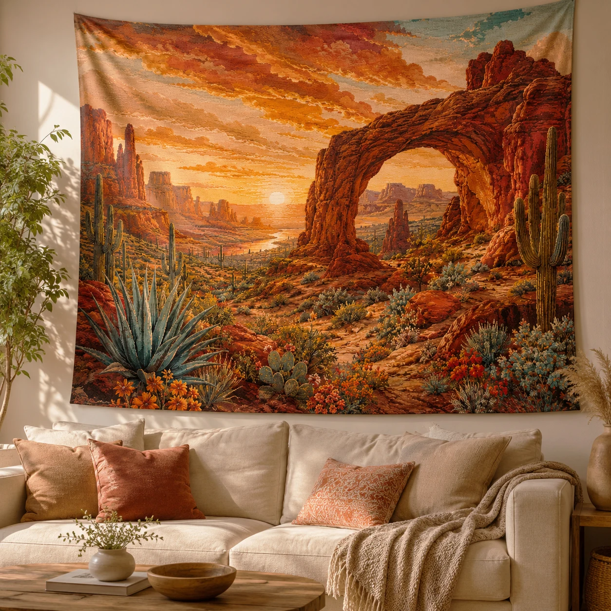 Western Desert Sunset Tapestry Red Rock Arch Saguaro Cactus Landscape Wall Hanging Southwest Boho Bedroom Wall Decor Tapestry