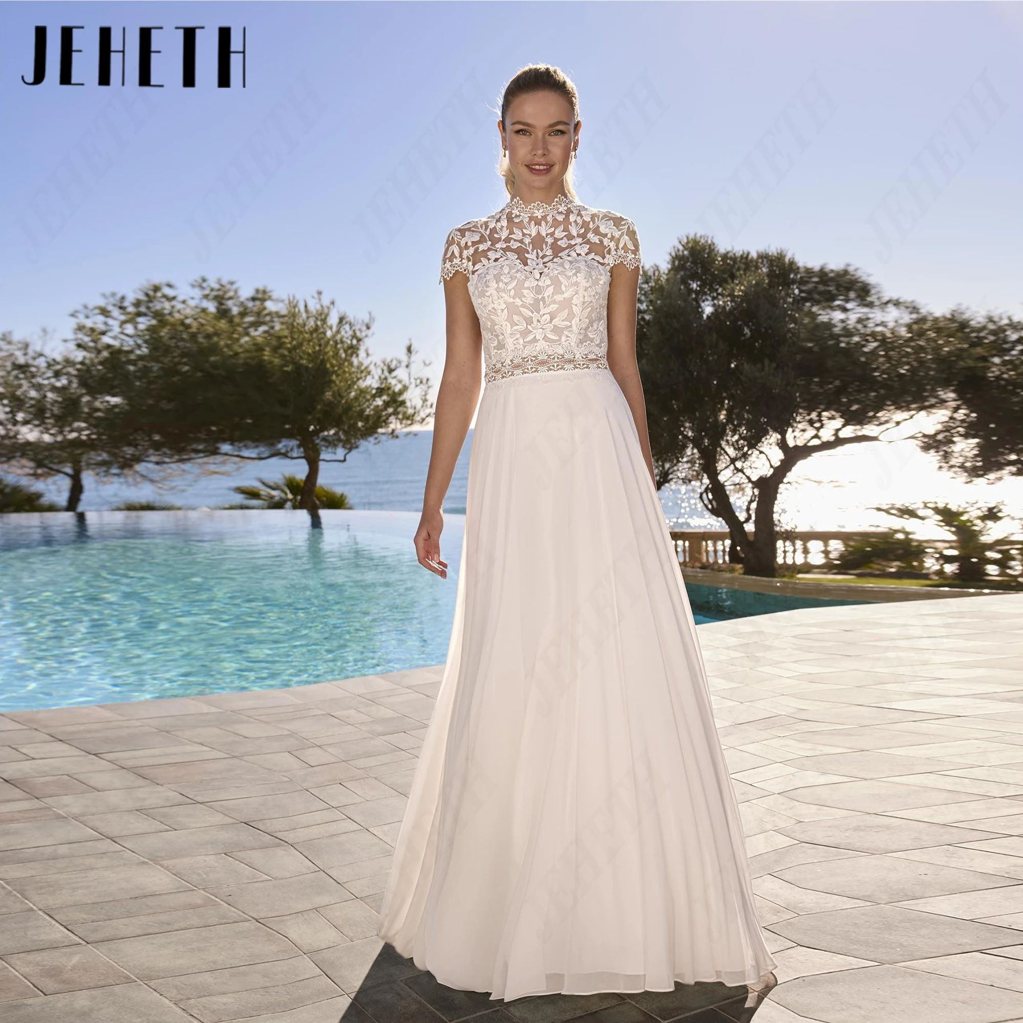 JEHETH High Neck Short Sleeves Beach Wedding Dress Illusion Back Romantic Chiffon Bridal Dresses Customized A Line Personalized
