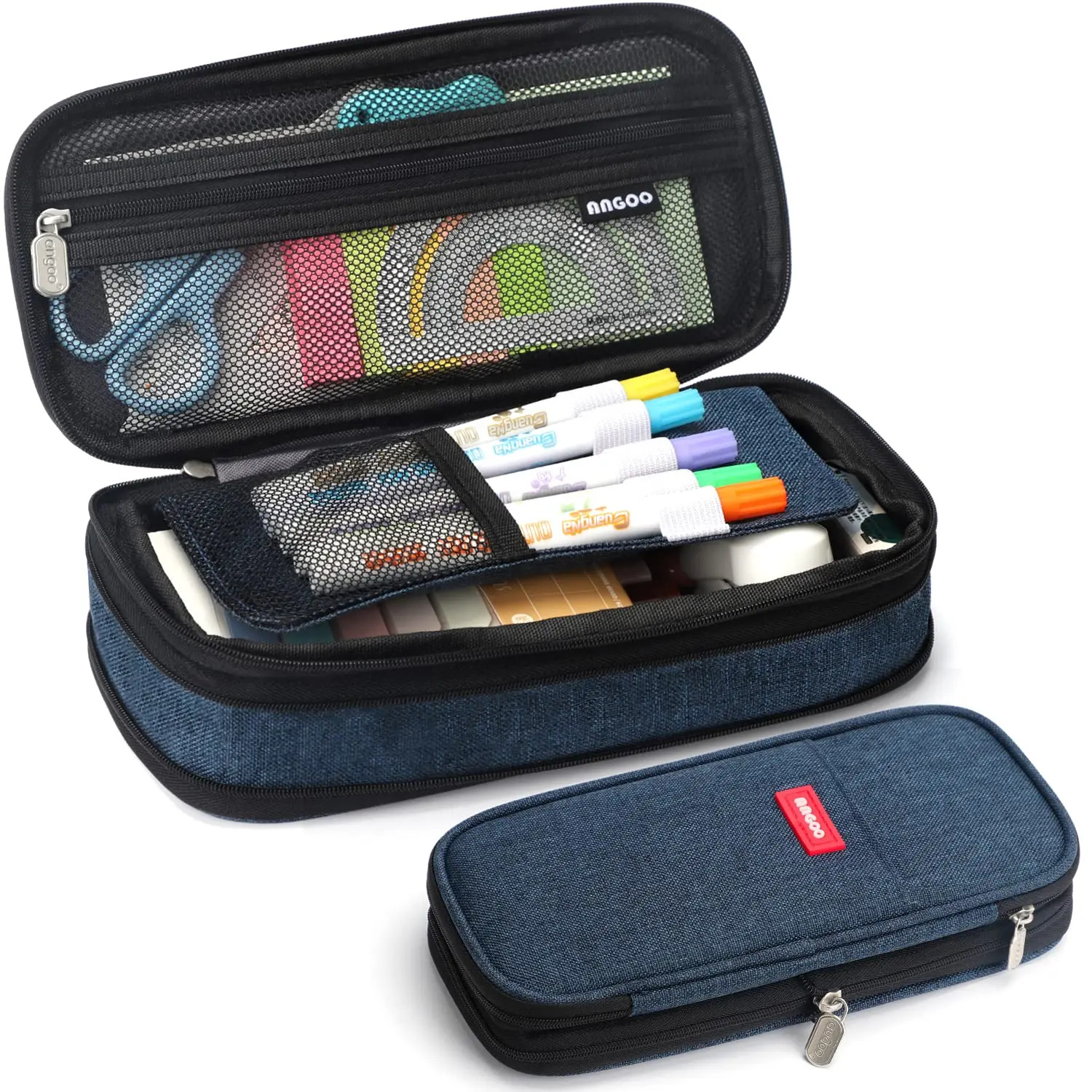 Navy Blue Large-Capacity Pencil Case, Retractable, Multi-Purpose, Made of Premium Fabric, Ideal Gift for the New Semester