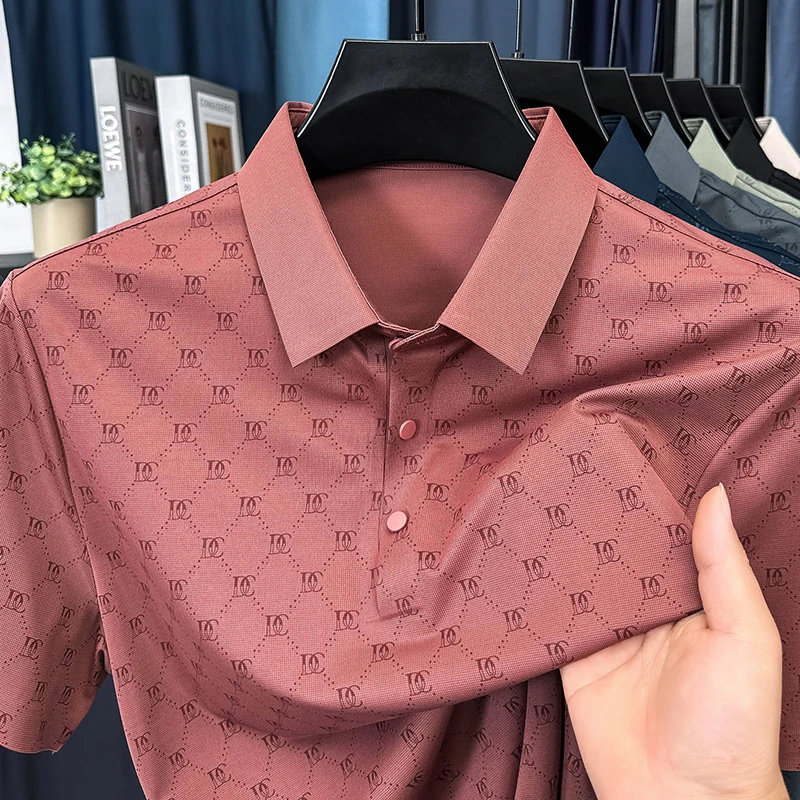 

Легкая роскошная модная летняя повседневная бесшовная футболка-поло из ледяного шелка с коротким рукавом, воротником и корейским принтом, обеспечивающая комфорт и прохладу