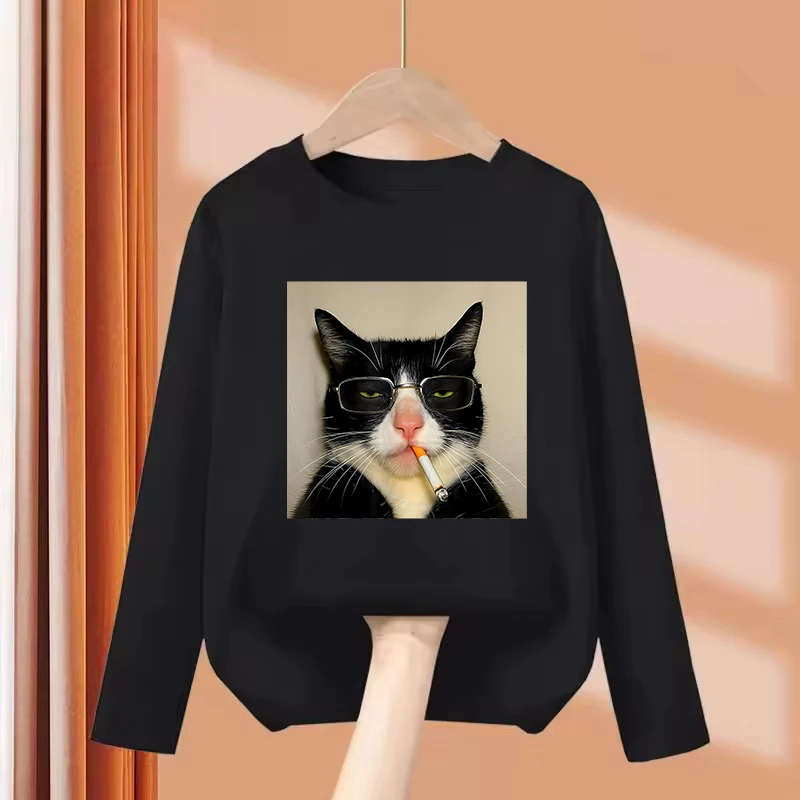 Fashion Retro Vintage Smoking Cat Long Sleeve T Shirts Kids Children's T-shirt Casual Boys Girls Summer Spring Casual Top Tee