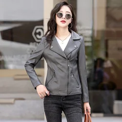 New Women Slim Leather Jacket Spring Autumn Fashion Turn-down Collar Zipper Fly Moto & Biker Jacket Split Leather Short Coat