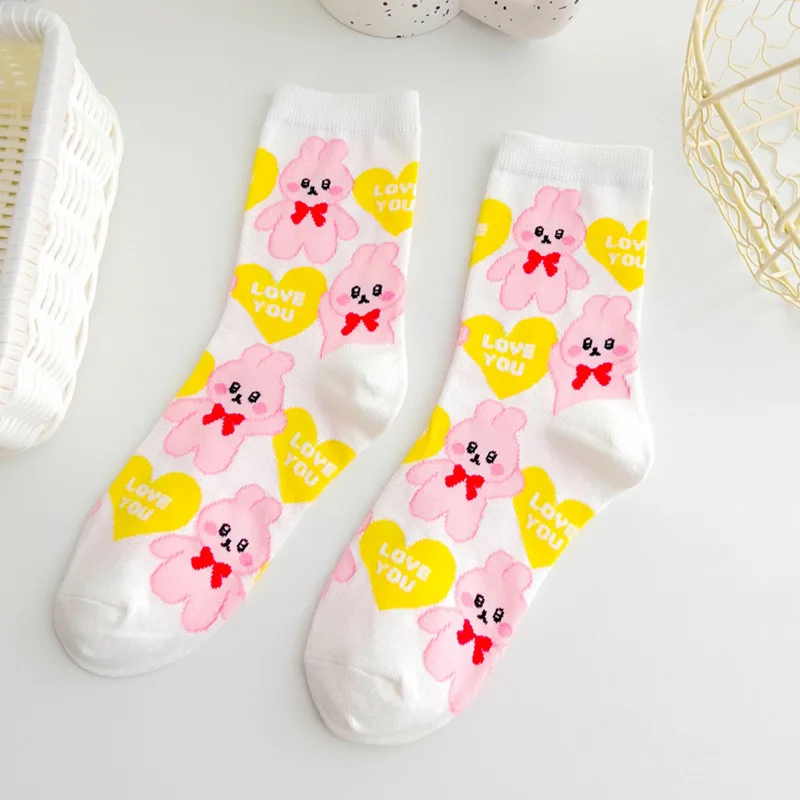 Japanese Cotton Rabbit Strawberry Love Illustration Cute Girl Cartoon Mid tube Socks Korean