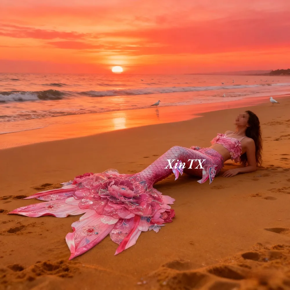 Mermaid Tail Peony Flower Plus-Size Women Tail Swimsuit for Aquarium Swimming Beach Photography and Stage Performance HD New view 2