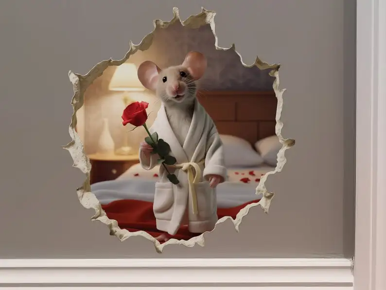 Lover Mouse Valentine's Day Gift in Mouse Hole Decal - Mouse Hole 3D Wall Sticker