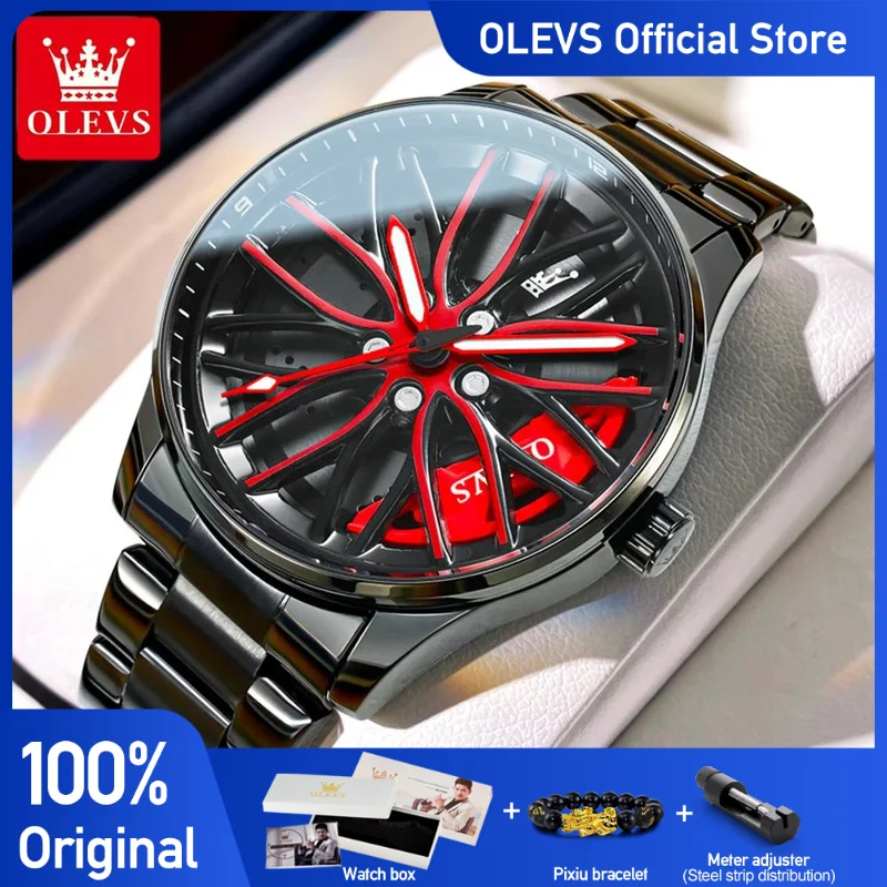 OLEVS Men\'s Watches Fashion Wheel Hub Dial Wristwatch Original Quartz Watch for Man Waterproof Luminous Stainless Steel Unique