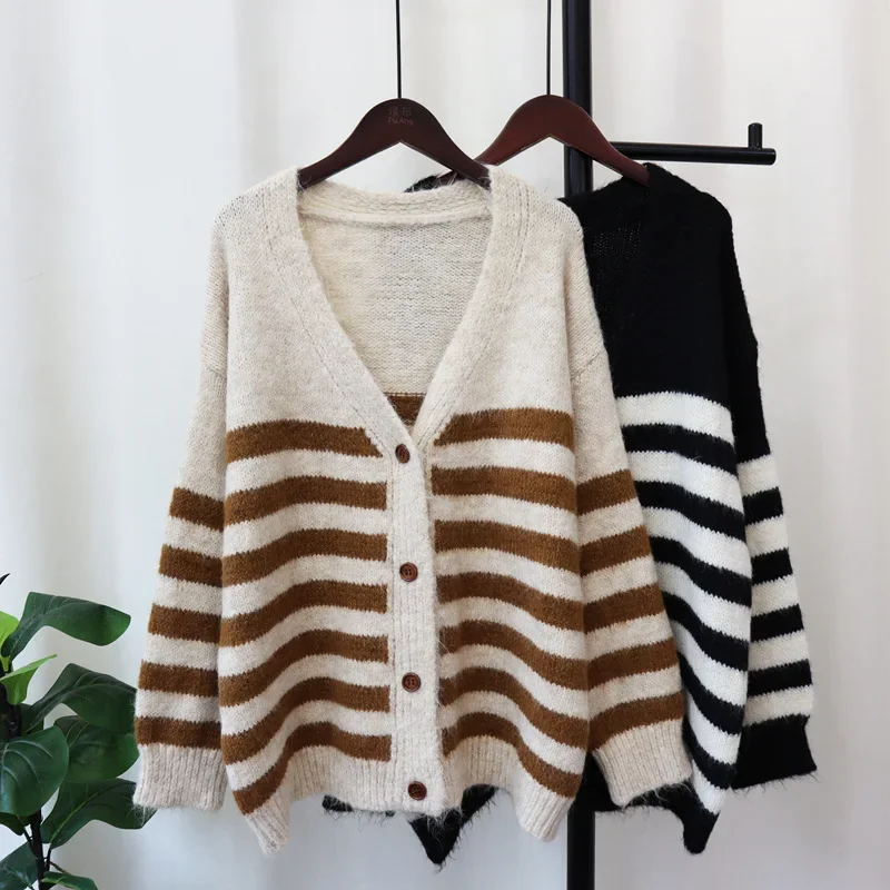 2024 Women Striped Button V-neck Sweater Cardigan Kintted Spring Autumn Vintage Winter Streetwear Y2k Jumper Coat Cardigans