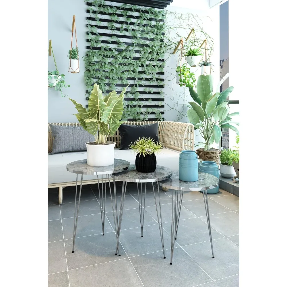 مجموعة من 3 طاولات جانبية متداخلة بأرجل فضية من الرخام الرمادي اللامع، طاولات جانبية للقهوة قابلة للتكديس من الخشب المستدير مع معدن #3