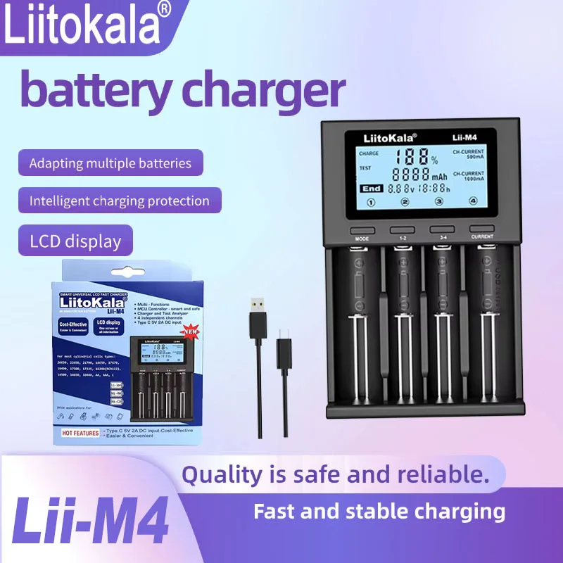 

LiitoKala Lii-M4 18650 ЖК-тестовая емкость Подходит для зарядного устройства 3,7 В 26650 18350 21700 18500 1,2 В AA AAA 4 слота
