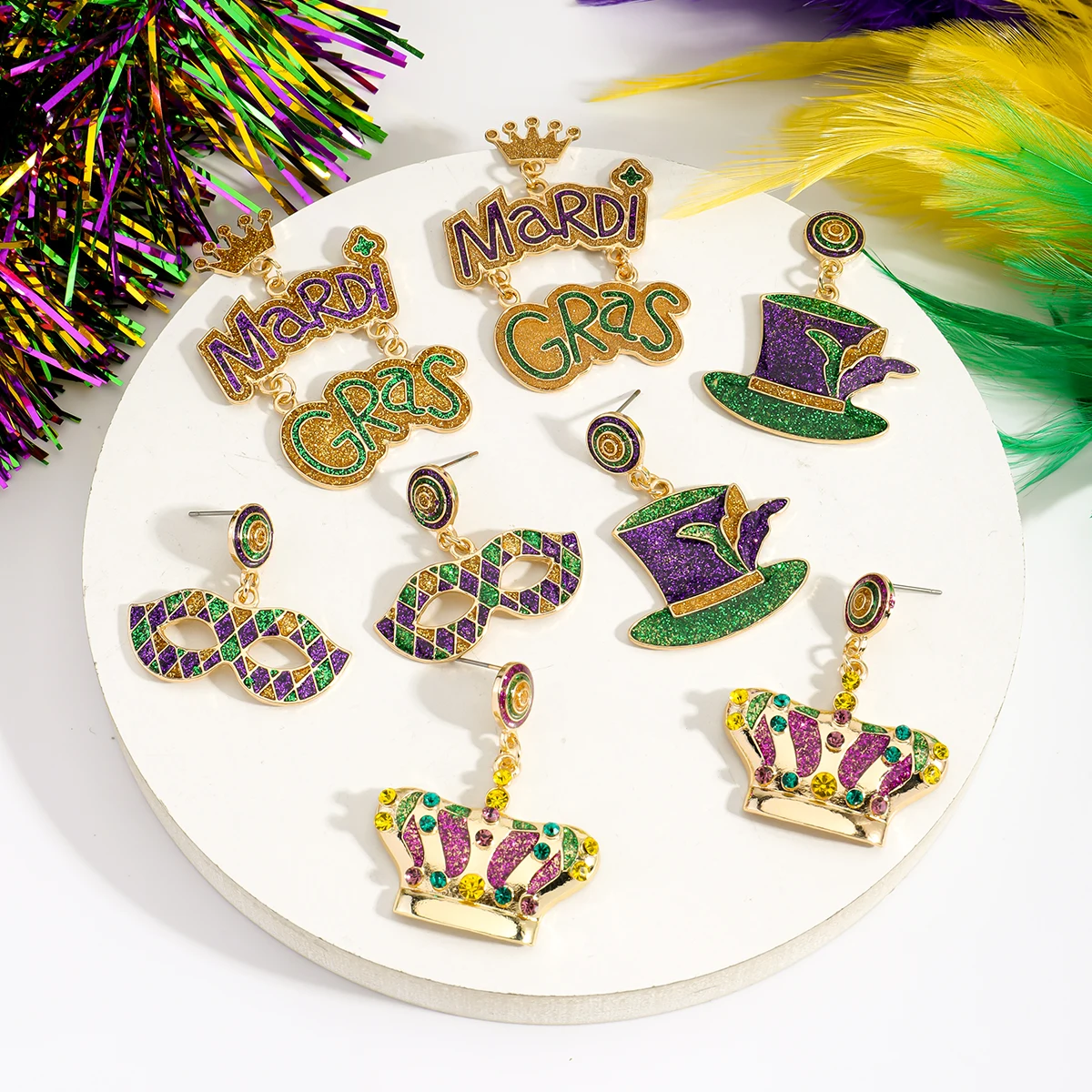 

European and American Carnival Enameled Mask Top Hat Earrings Purple Green Oil Drop Bohemian Style Ear Accessories Jewelry Gifts