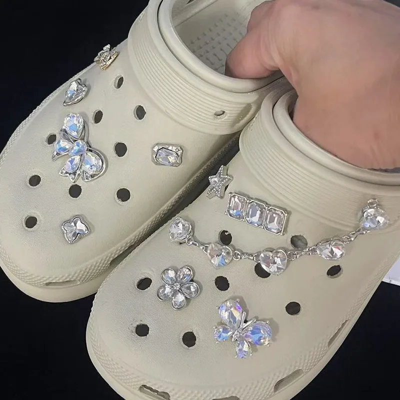 

10PCS Luxury Shoe Charms Set Accessories Hole Shoe Buckle Advanced Diamond Butterfly Diamond Chain DIY Shoes Decorations Gift