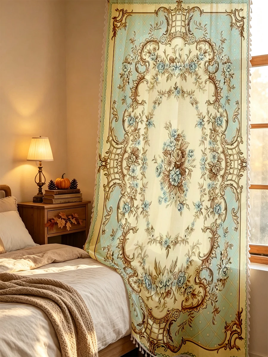 1PC Vintage Tassel Sheer Curtains, Light Blue French Aubusson Rose, Digital Print, Linen Polyester, Living Room Bedroom Decor