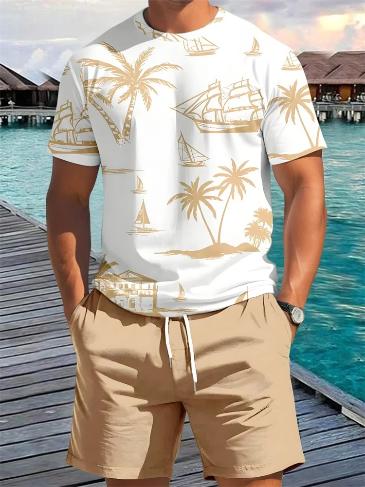

2026 3D Summer New Men's Short Sleeve Palm Tree Print Two Piece Drawstring Shorts Set Fashion Men's Vacation Beach Casual Suit