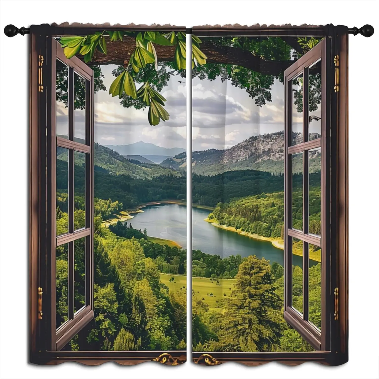 Landscape Blackout Curtains for Boys Girl Bedroom Home Decor, Green Forest River Woods Natural Scenery Thermal Insulated Rod